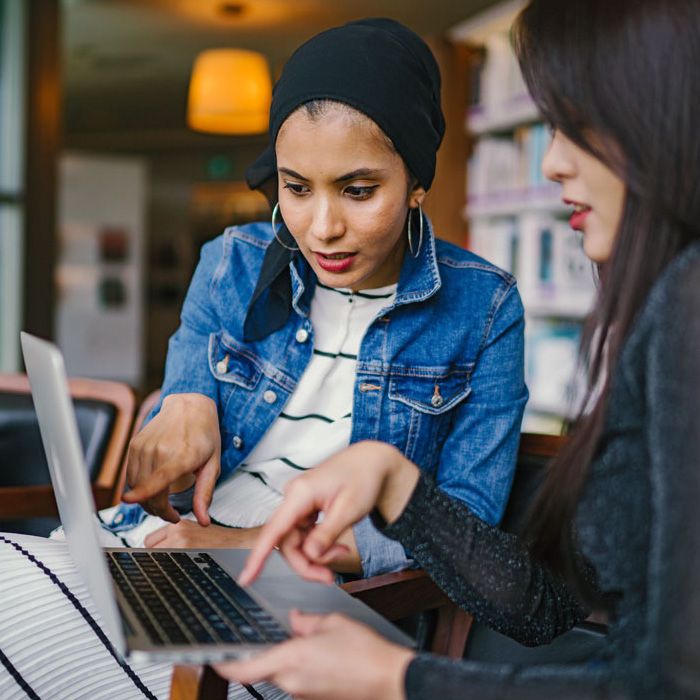 Two young female entrepreneurs working together on a laptop.