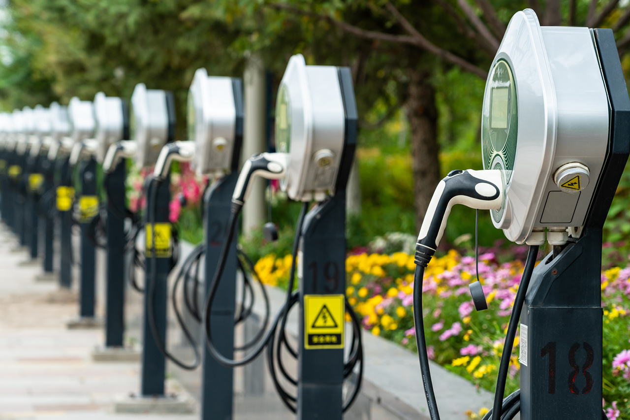 A row of EV charging stations.